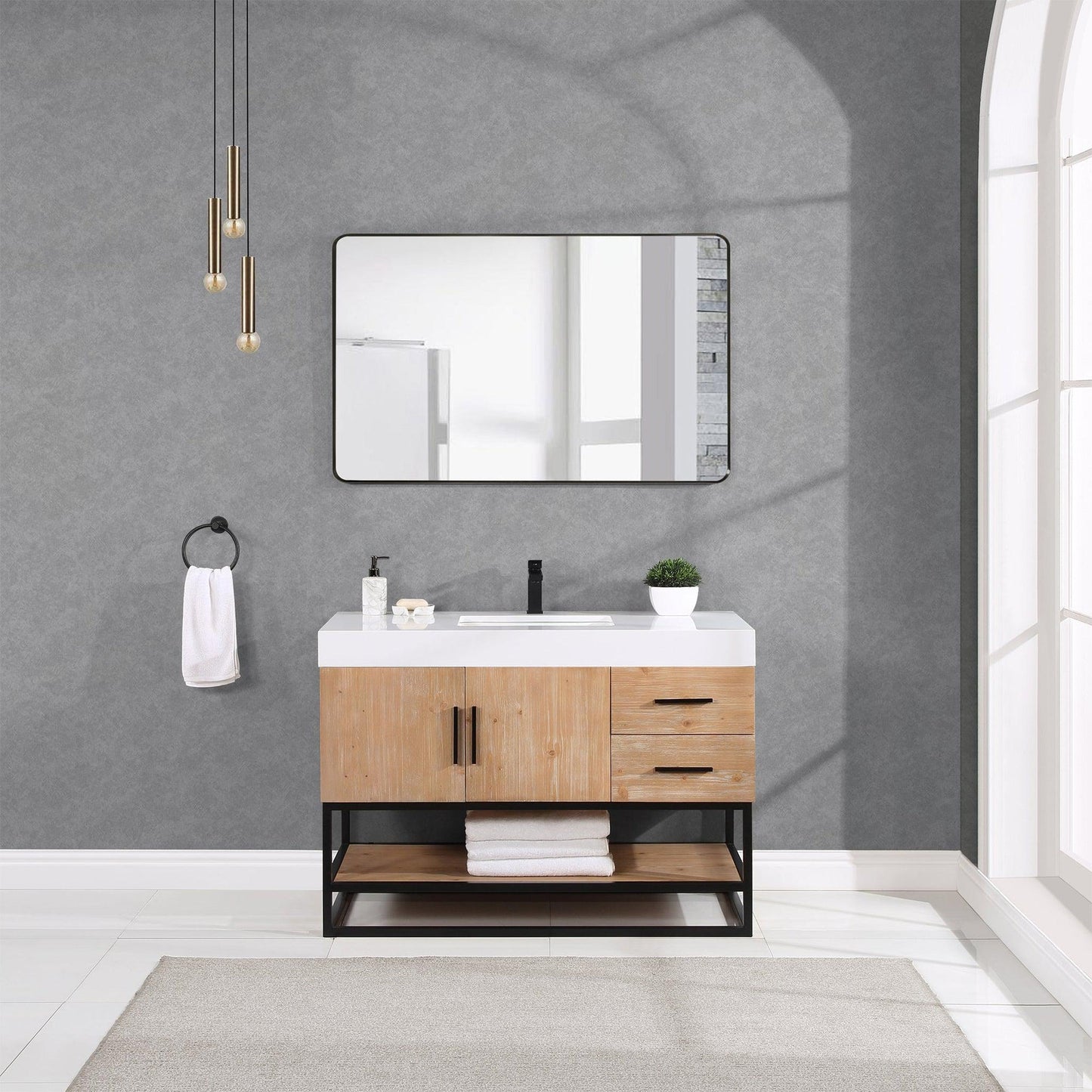 Altair Bianco 48" Light Brown Freestanding Single Bathroom Vanity Set With Matte Black Support Base, Mirror, White Composite Stone Top, Single Rectangular Undermount Ceramic Sink, and Overflow