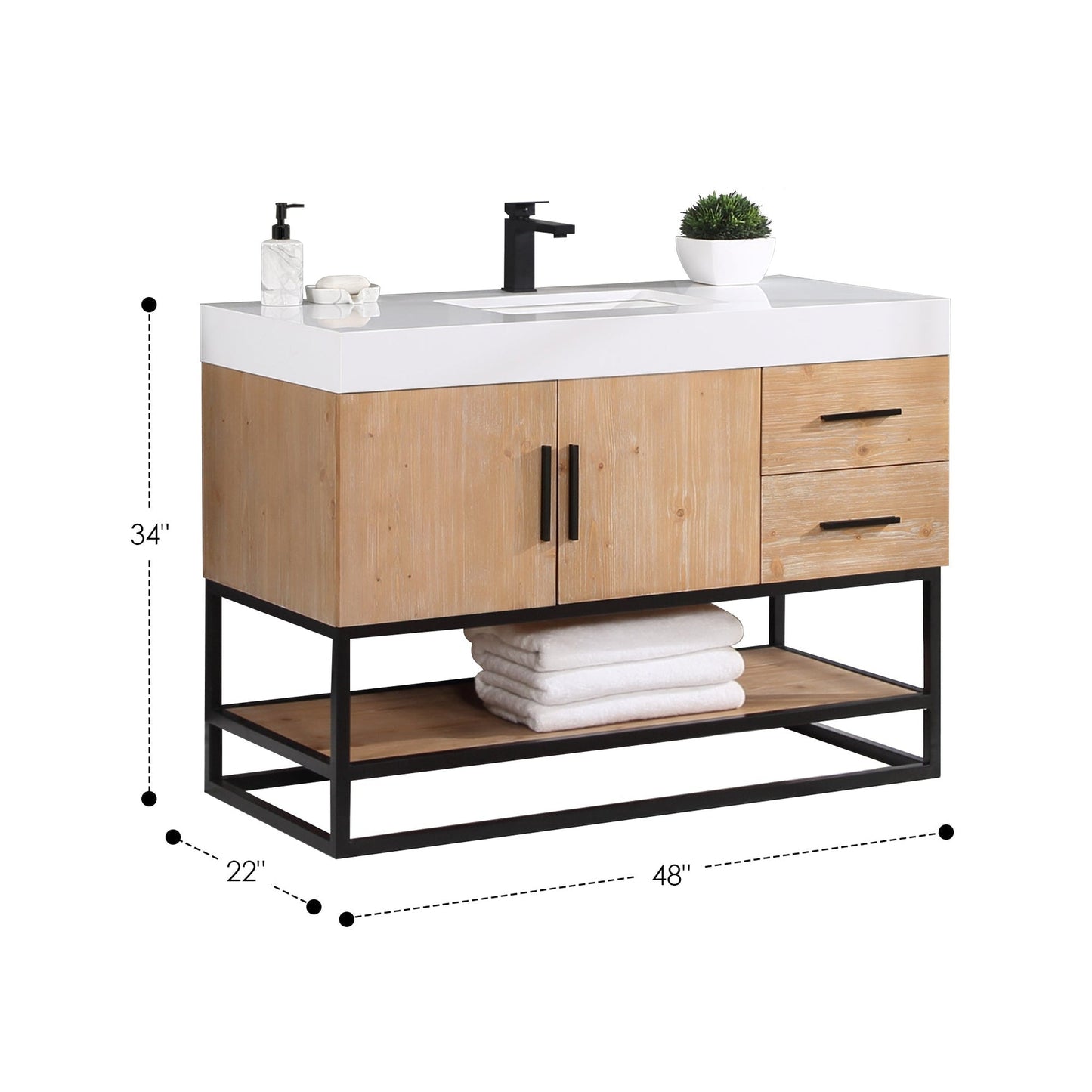 Altair Bianco 48" Light Brown Freestanding Single Bathroom Vanity Set With Matte Black Support Base, Mirror, White Composite Stone Top, Single Rectangular Undermount Ceramic Sink, and Overflow