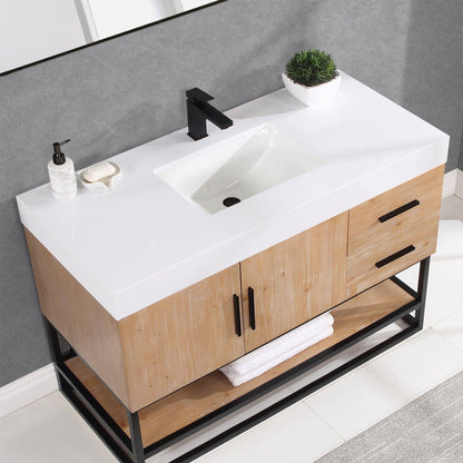 Altair Bianco 48" Light Brown Freestanding Single Bathroom Vanity Set With Matte Black Support Base, Mirror, White Composite Stone Top, Single Rectangular Undermount Ceramic Sink, and Overflow