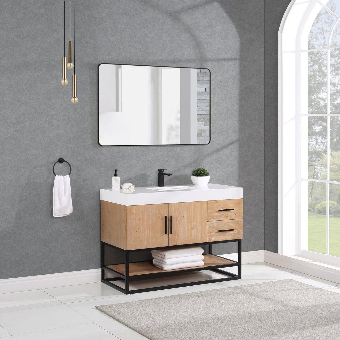 Altair Bianco 48" Light Brown Freestanding Single Bathroom Vanity Set With Matte Black Support Base, Mirror, White Composite Stone Top, Single Rectangular Undermount Ceramic Sink, and Overflow