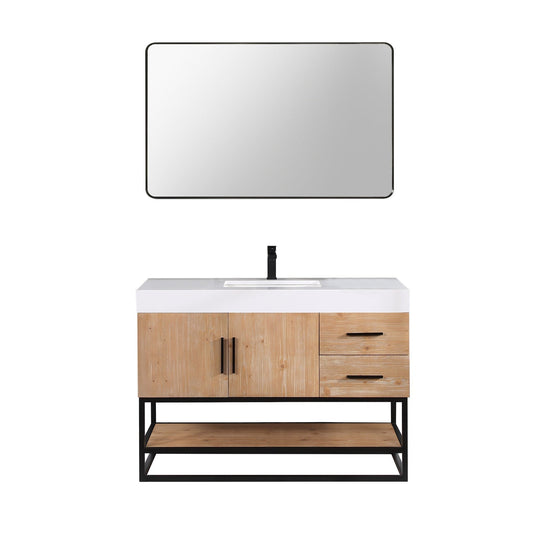 Altair Bianco 48" Light Brown Freestanding Single Bathroom Vanity Set With Matte Black Support Base, Mirror, White Composite Stone Top, Single Rectangular Undermount Ceramic Sink, and Overflow