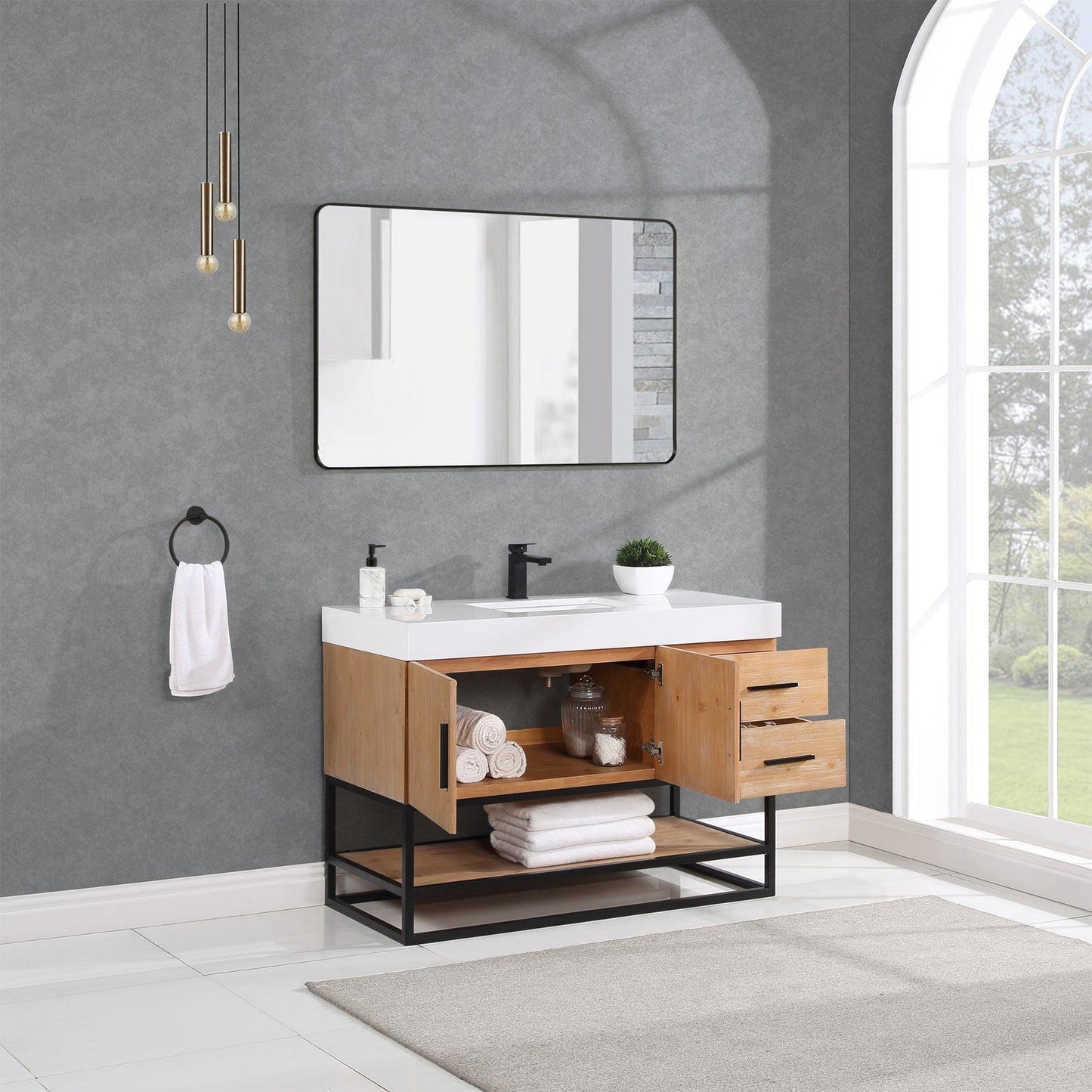 Altair Bianco 48" Light Brown Freestanding Single Bathroom Vanity Set With Matte Black Support Base, Mirror, White Composite Stone Top, Single Rectangular Undermount Ceramic Sink, and Overflow