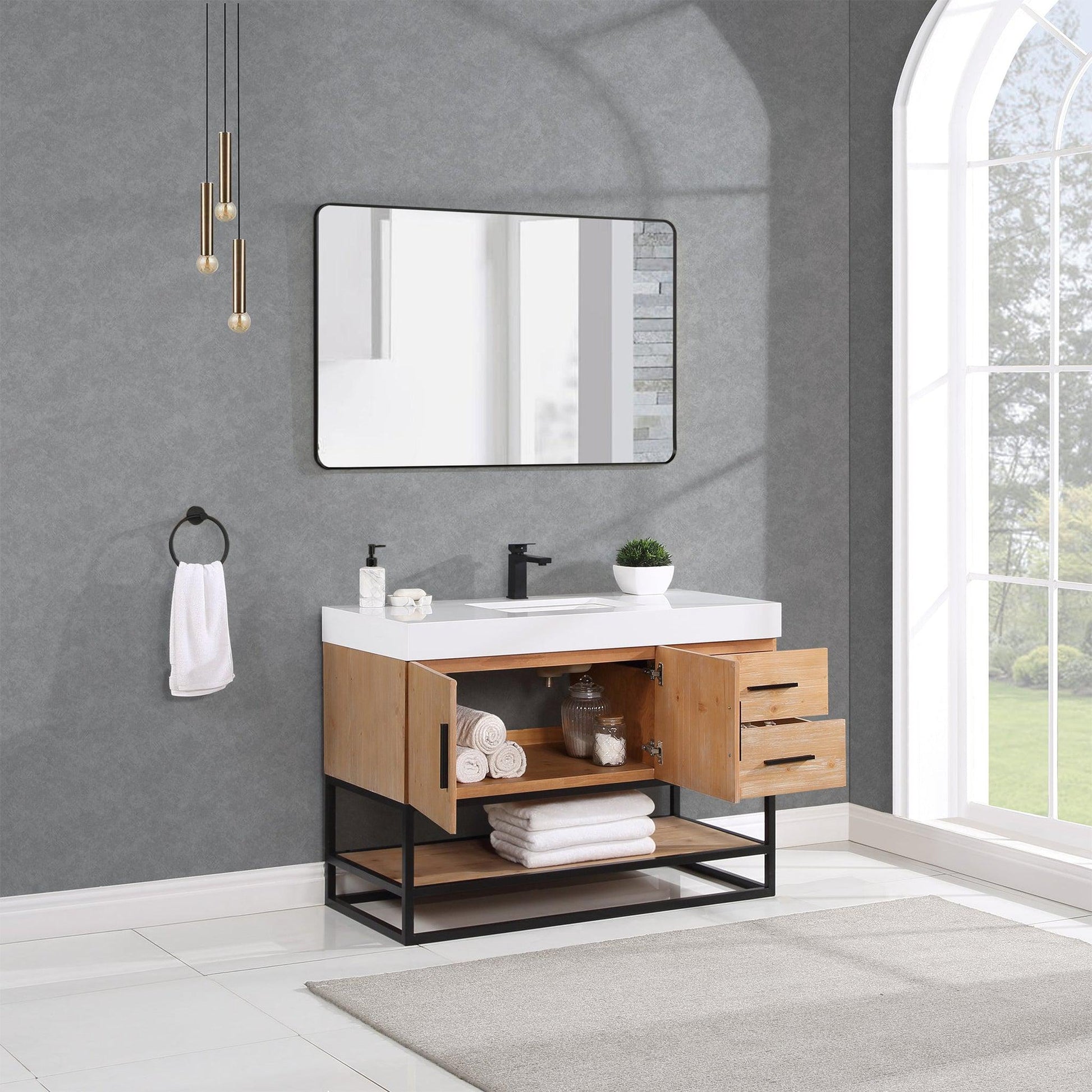 Altair Bianco 48" Light Brown Freestanding Single Bathroom Vanity Set With Matte Black Support Base, Mirror, White Composite Stone Top, Single Rectangular Undermount Ceramic Sink, and Overflow