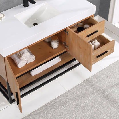 Altair Bianco 48" Light Brown Freestanding Single Bathroom Vanity Set With Matte Black Support Base, Mirror, White Composite Stone Top, Single Rectangular Undermount Ceramic Sink, and Overflow