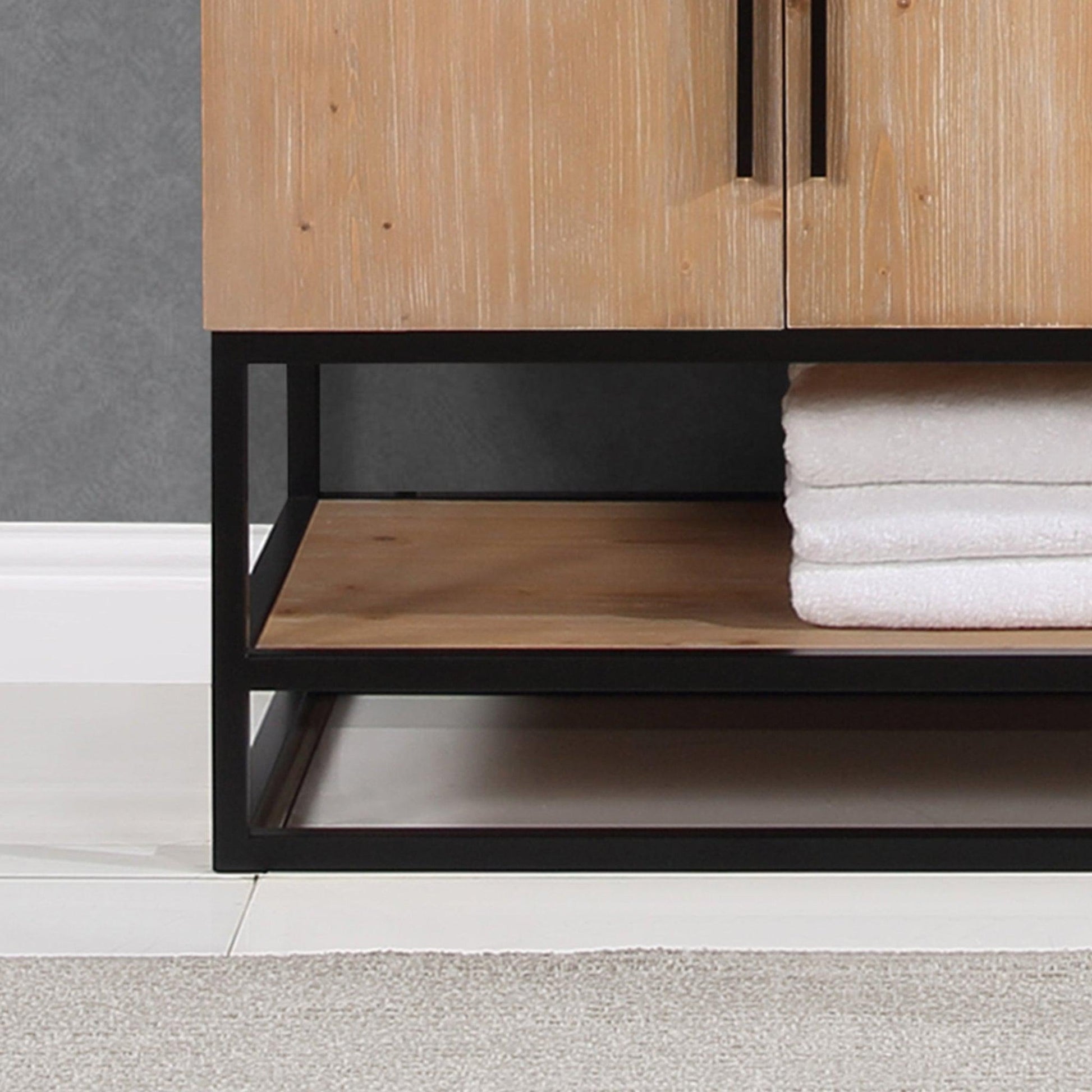 Altair Bianco 48" Light Brown Freestanding Single Bathroom Vanity Set With Matte Black Support Base, Mirror, White Composite Stone Top, Single Rectangular Undermount Ceramic Sink, and Overflow