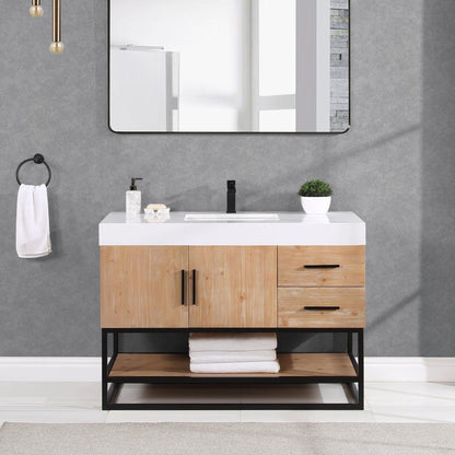 Altair Bianco 48" Light Brown Freestanding Single Bathroom Vanity Set With Matte Black Support Base, White Composite Stone Top, Single Rectangular Undermount Ceramic Sink, and Overflow