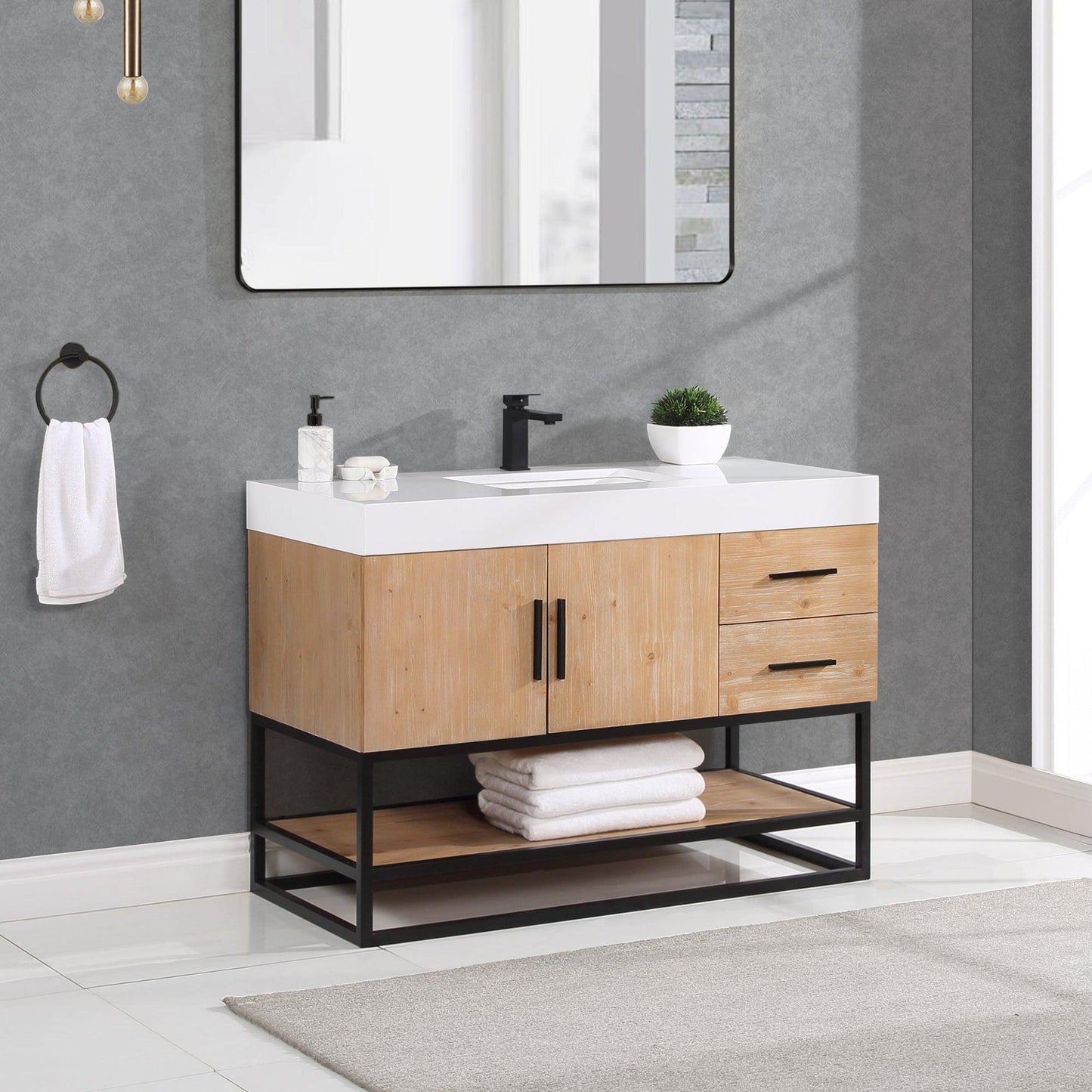 Altair Bianco 48" Light Brown Freestanding Single Bathroom Vanity Set With Matte Black Support Base, White Composite Stone Top, Single Rectangular Undermount Ceramic Sink, and Overflow