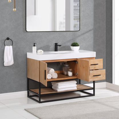 Altair Bianco 48" Light Brown Freestanding Single Bathroom Vanity Set With Matte Black Support Base, White Composite Stone Top, Single Rectangular Undermount Ceramic Sink, and Overflow