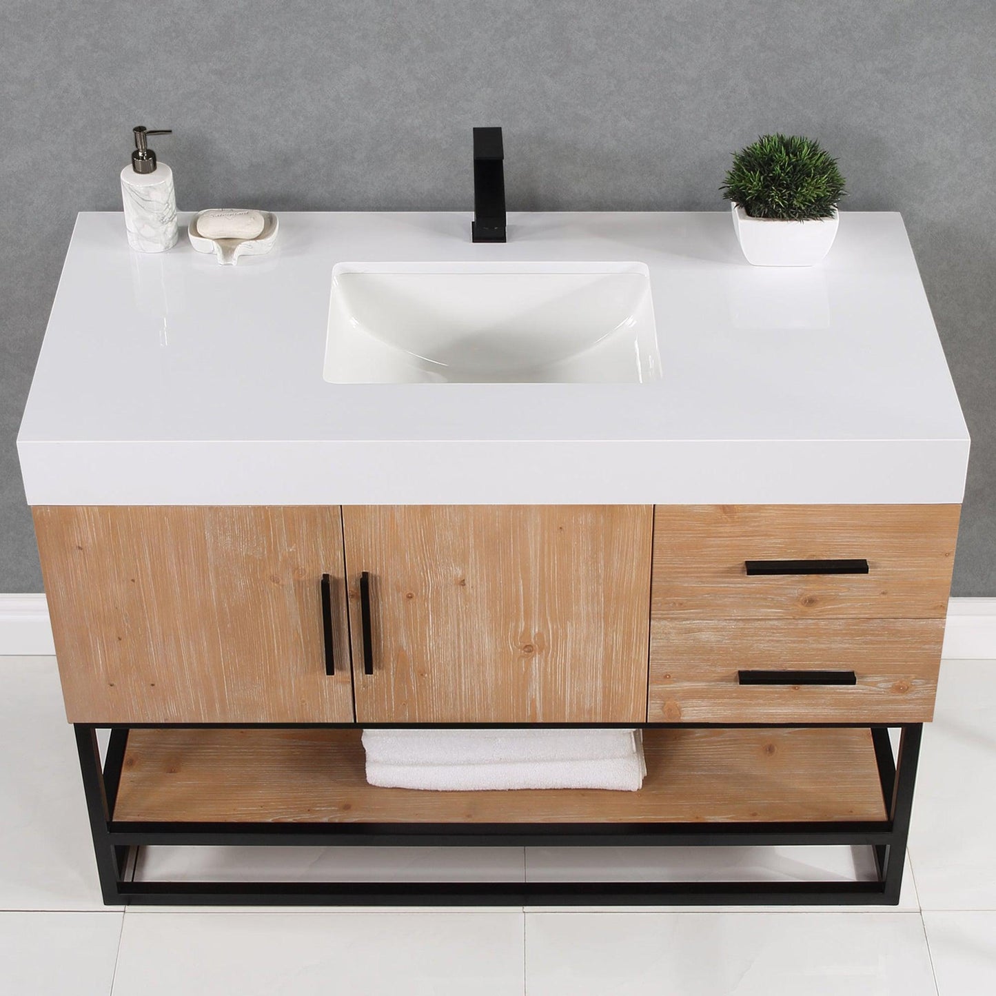 Altair Bianco 48" Light Brown Freestanding Single Bathroom Vanity Set With Matte Black Support Base, White Composite Stone Top, Single Rectangular Undermount Ceramic Sink, and Overflow