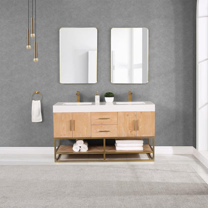 Altair Bianco 60" Light Brown Freestanding Double Bathroom Vanity Set With Brushed Gold Support Base, Mirror, White Composite Stone Top, Two Rectangular Undermount Ceramic Sinks, and Overflow