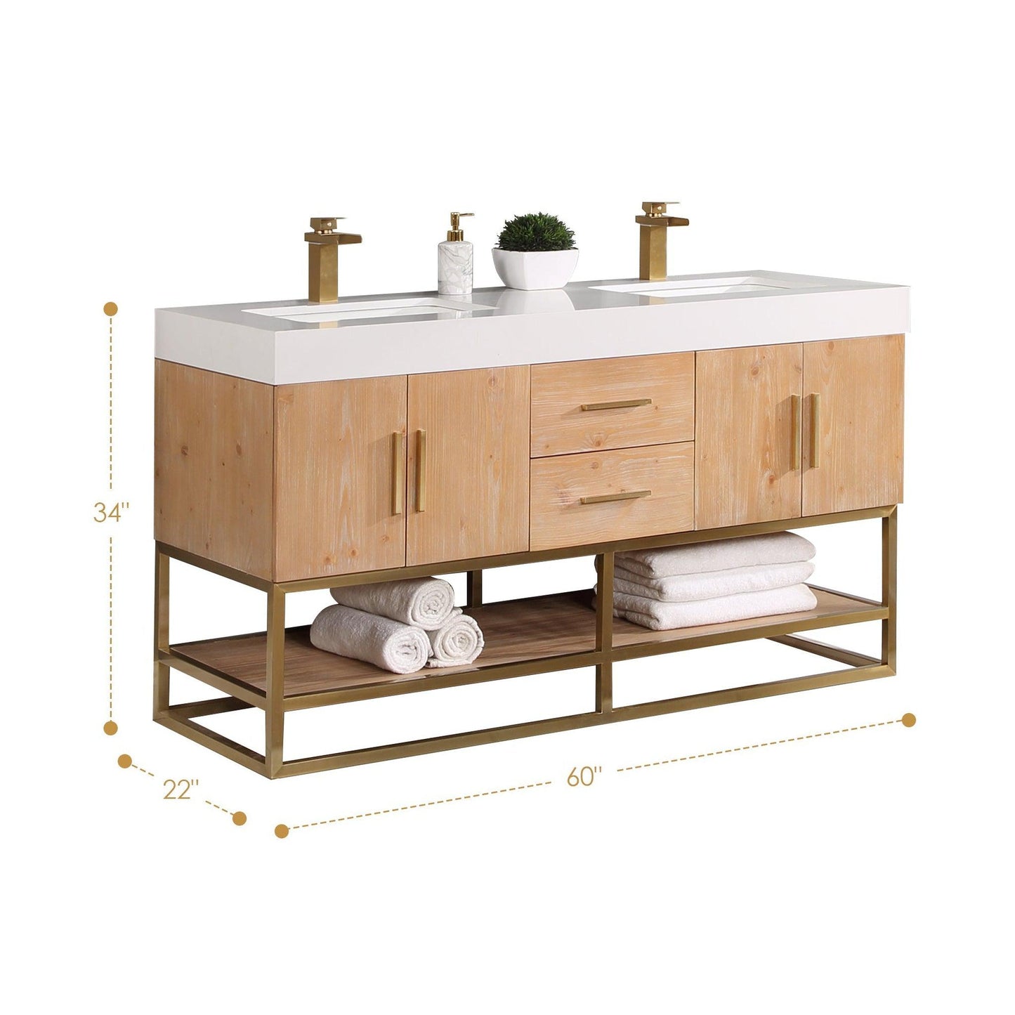 Altair Bianco 60" Light Brown Freestanding Double Bathroom Vanity Set With Brushed Gold Support Base, Mirror, White Composite Stone Top, Two Rectangular Undermount Ceramic Sinks, and Overflow