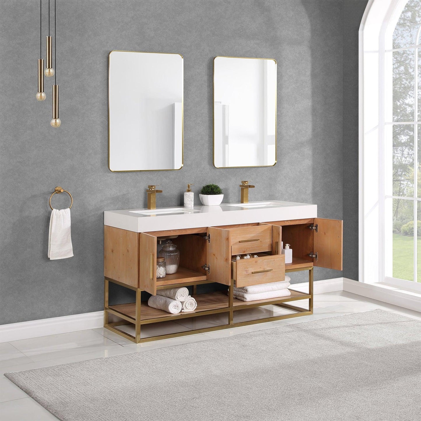 Altair Bianco 60" Light Brown Freestanding Double Bathroom Vanity Set With Brushed Gold Support Base, Mirror, White Composite Stone Top, Two Rectangular Undermount Ceramic Sinks, and Overflow