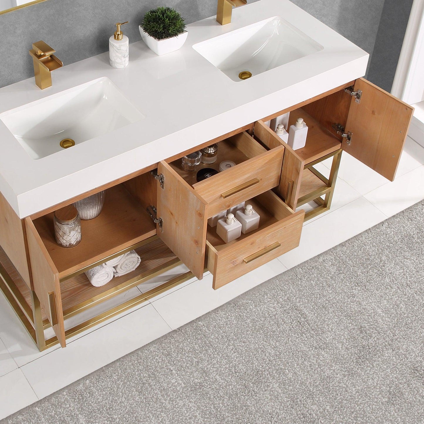 Altair Bianco 60" Light Brown Freestanding Double Bathroom Vanity Set With Brushed Gold Support Base, Mirror, White Composite Stone Top, Two Rectangular Undermount Ceramic Sinks, and Overflow