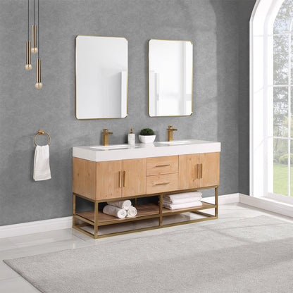 Altair Bianco 60" Light Brown Freestanding Double Bathroom Vanity Set With Brushed Gold Support Base, Mirror, White Composite Stone Top, Two Rectangular Undermount Ceramic Sinks, and Overflow