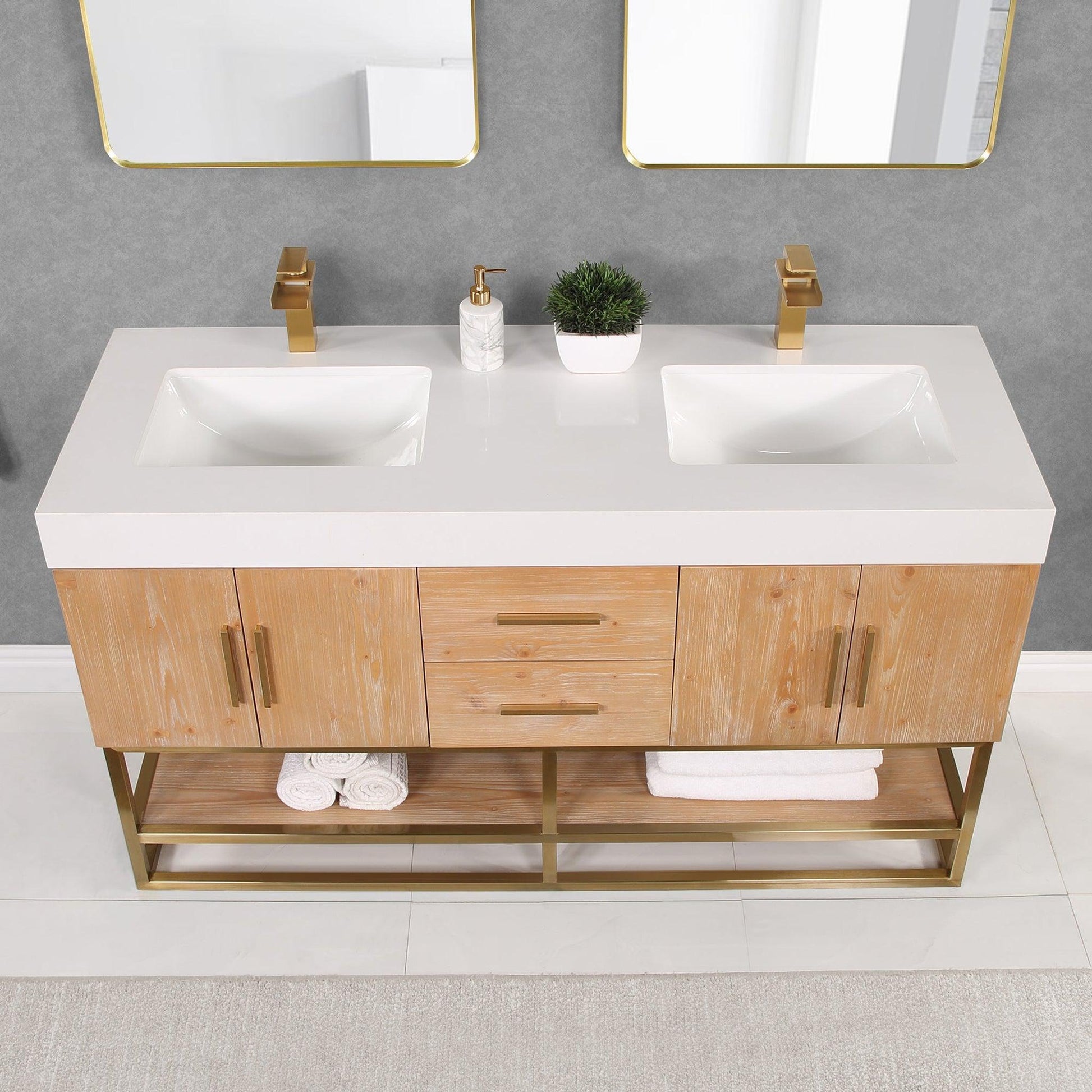 Altair Bianco 60" Light Brown Freestanding Double Bathroom Vanity Set With Brushed Gold Support Base, Mirror, White Composite Stone Top, Two Rectangular Undermount Ceramic Sinks, and Overflow