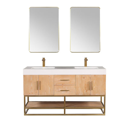 Altair Bianco 60" Light Brown Freestanding Double Bathroom Vanity Set With Brushed Gold Support Base, Mirror, White Composite Stone Top, Two Rectangular Undermount Ceramic Sinks, and Overflow