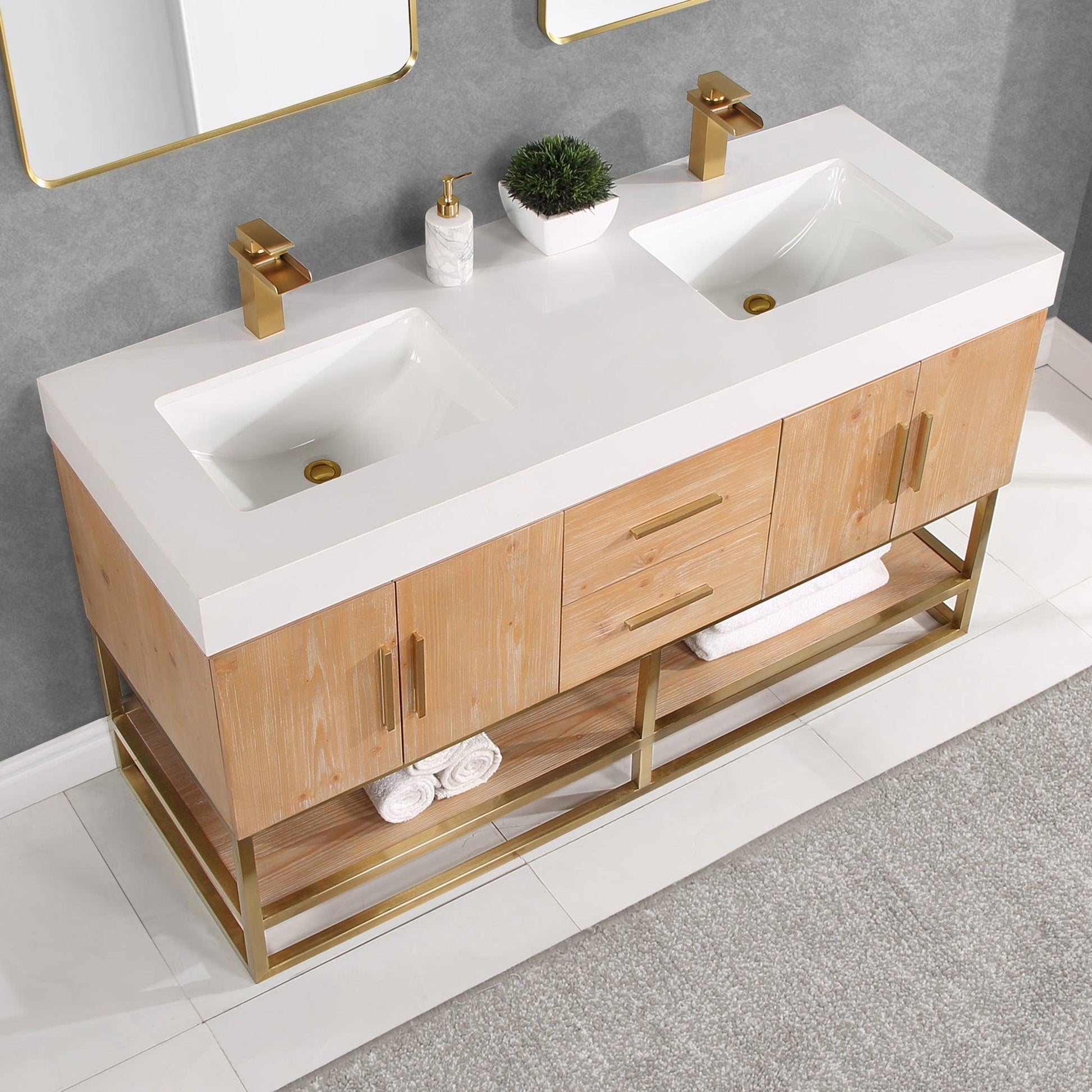 Altair Bianco 60" Light Brown Freestanding Double Bathroom Vanity Set With Brushed Gold Support Base, Mirror, White Composite Stone Top, Two Rectangular Undermount Ceramic Sinks, and Overflow