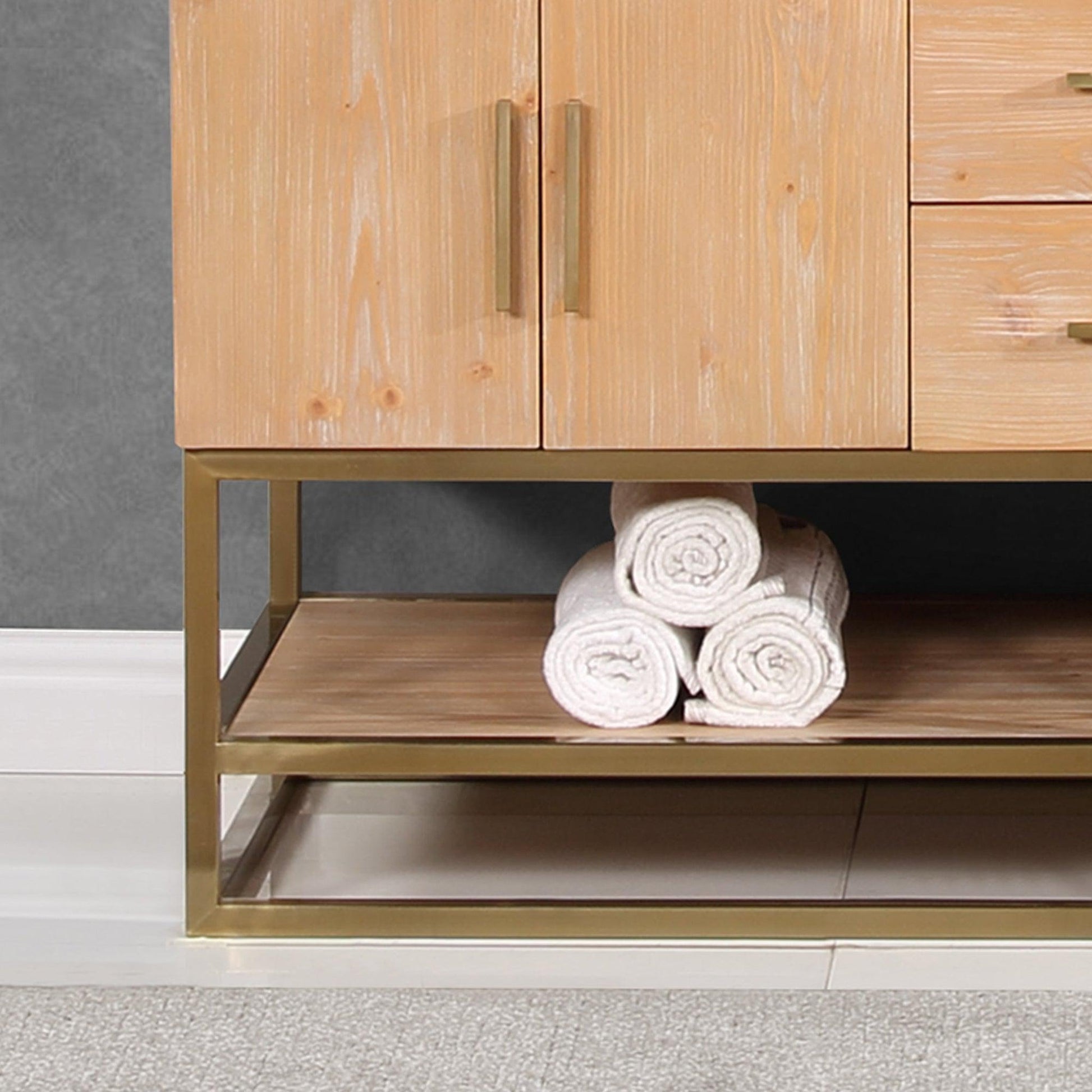 Altair Bianco 60" Light Brown Freestanding Double Bathroom Vanity Set With Brushed Gold Support Base, Mirror, White Composite Stone Top, Two Rectangular Undermount Ceramic Sinks, and Overflow