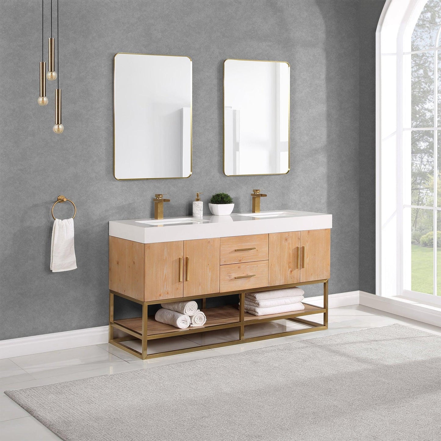 Altair Bianco 60" Light Brown Freestanding Double Bathroom Vanity Set With Brushed Gold Support Base, White Composite Stone Top, Two Rectangular Undermount Ceramic Sinks, and Overflow