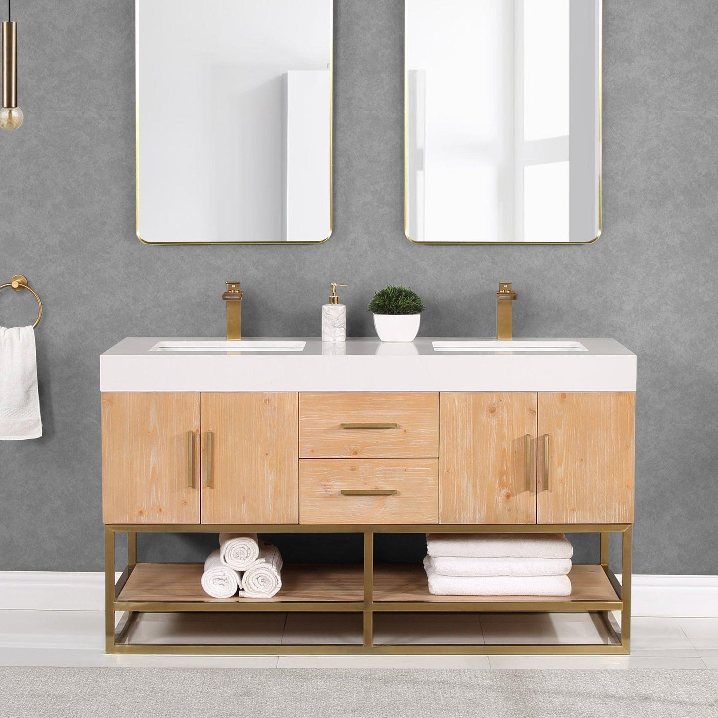 Altair Bianco 60" Light Brown Freestanding Double Bathroom Vanity Set With Brushed Gold Support Base, White Composite Stone Top, Two Rectangular Undermount Ceramic Sinks, and Overflow