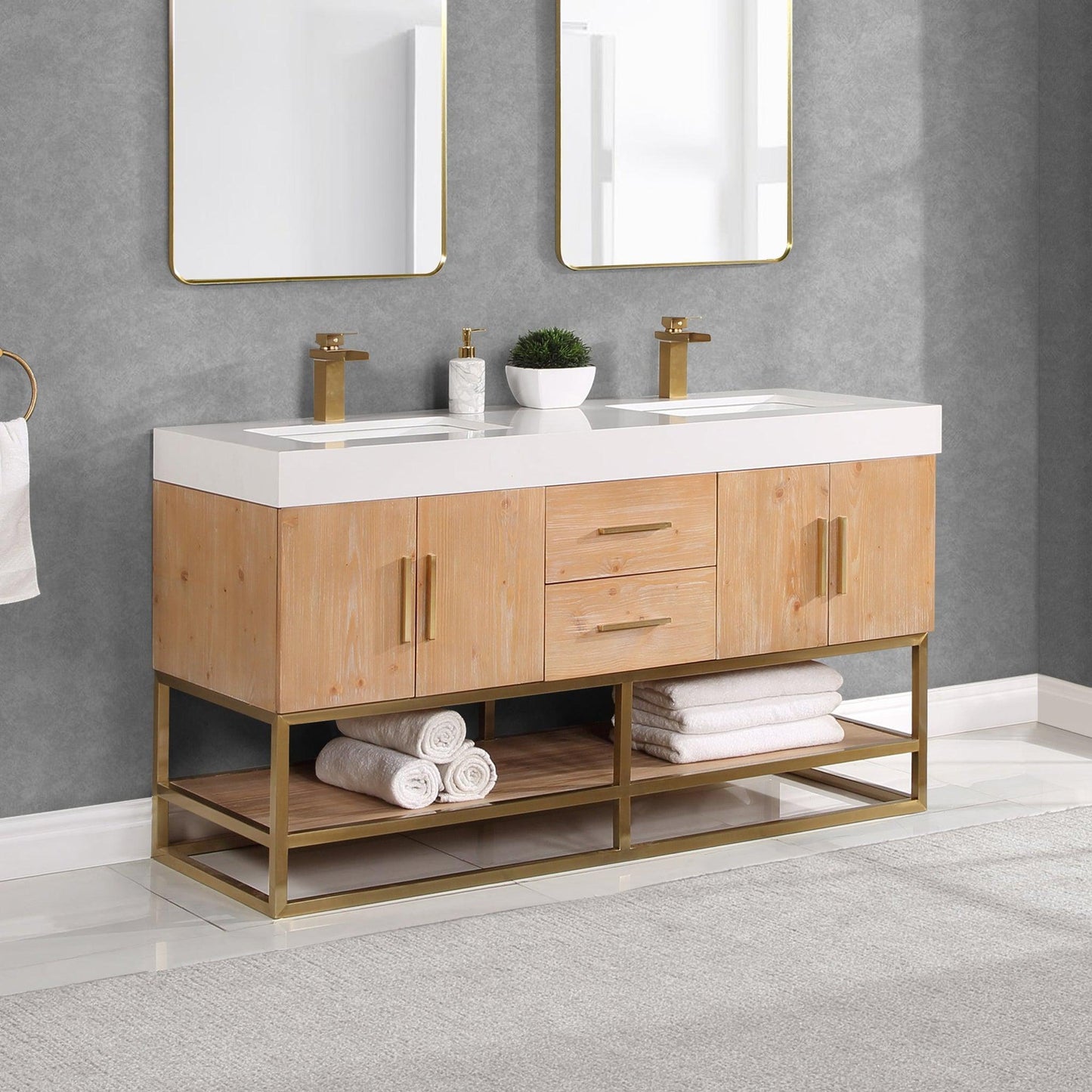 Altair Bianco 60" Light Brown Freestanding Double Bathroom Vanity Set With Brushed Gold Support Base, White Composite Stone Top, Two Rectangular Undermount Ceramic Sinks, and Overflow