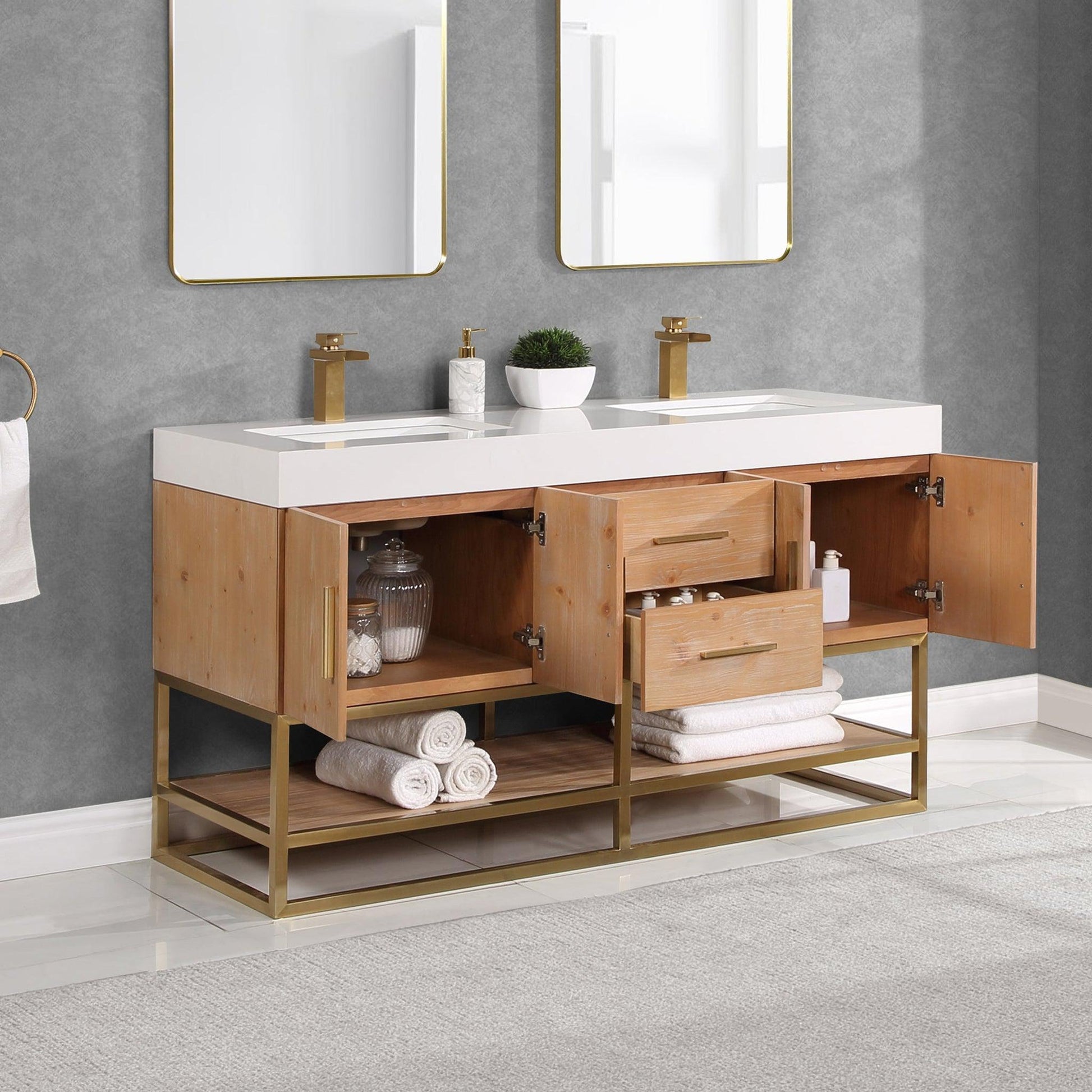 Bianco 60 Double Bathroom Vanity in Light Brown with Brushed Gold Support Base and White Composite Stone Countertop Without Mirror