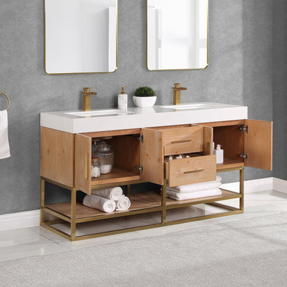 Altair Bianco 60" Light Brown Freestanding Double Bathroom Vanity Set With Brushed Gold Support Base, White Composite Stone Top, Two Rectangular Undermount Ceramic Sinks, and Overflow