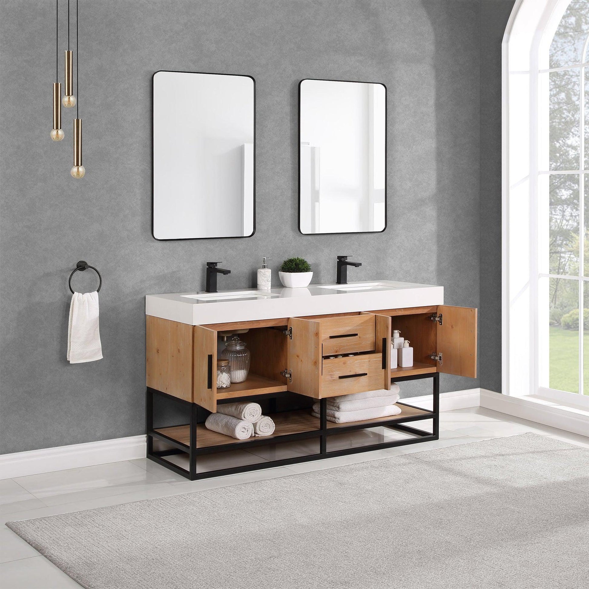 Altair Bianco 60" Light Brown Freestanding Double Bathroom Vanity Set With Matte Black Support Base, Mirror, White Composite Stone Top, Two Rectangular Undermount Ceramic Sinks, and Overflow