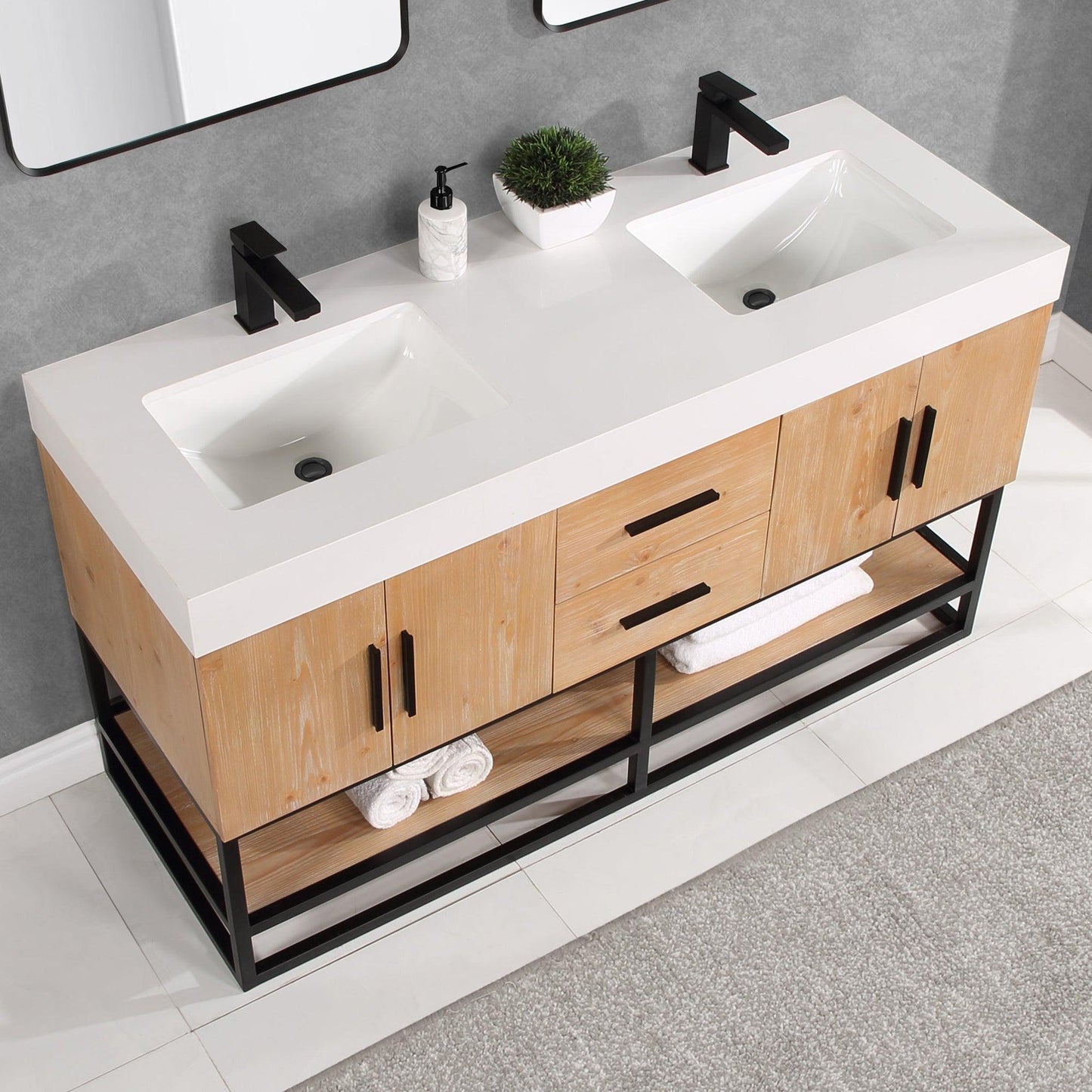 Altair Bianco 60" Light Brown Freestanding Double Bathroom Vanity Set With Matte Black Support Base, Mirror, White Composite Stone Top, Two Rectangular Undermount Ceramic Sinks, and Overflow