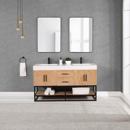 Altair Bianco 60" Light Brown Freestanding Double Bathroom Vanity Set With Matte Black Support Base, Mirror, White Composite Stone Top, Two Rectangular Undermount Ceramic Sinks, and Overflow