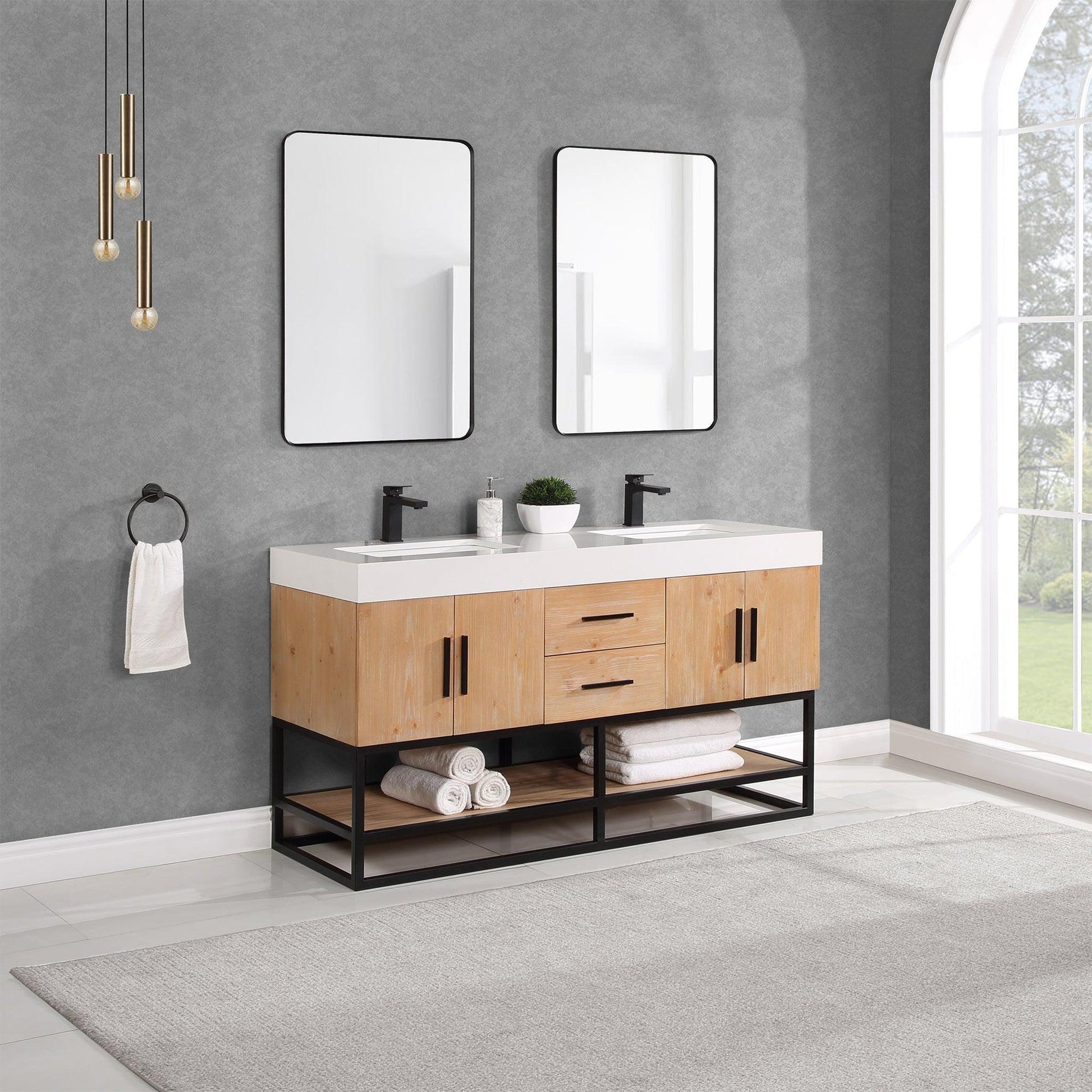 Altair Bianco 60" Light Brown Freestanding Double Bathroom Vanity Set With Matte Black Support Base, Mirror, White Composite Stone Top, Two Rectangular Undermount Ceramic Sinks, and Overflow