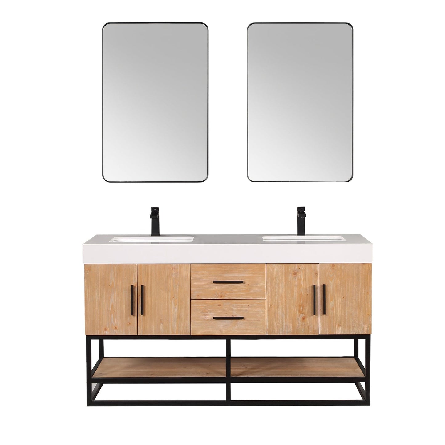 Altair Bianco 60" Light Brown Freestanding Double Bathroom Vanity Set With Matte Black Support Base, Mirror, White Composite Stone Top, Two Rectangular Undermount Ceramic Sinks, and Overflow