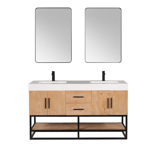 Altair Bianco 60" Light Brown Freestanding Double Bathroom Vanity Set With Matte Black Support Base, Mirror, White Composite Stone Top, Two Rectangular Undermount Ceramic Sinks, and Overflow