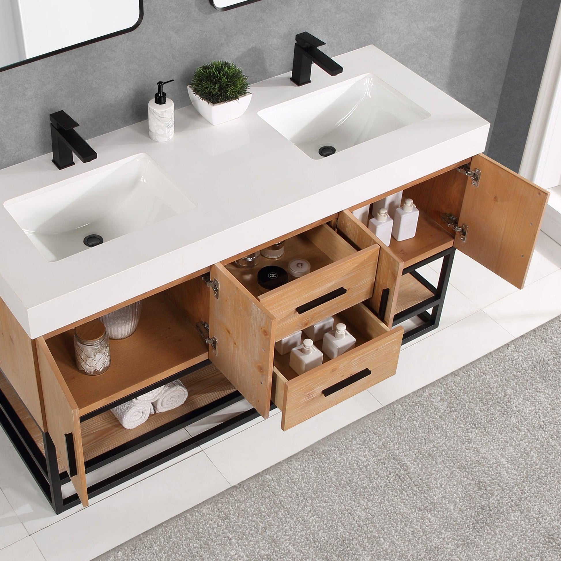 Altair Bianco 60" Light Brown Freestanding Double Bathroom Vanity Set With Matte Black Support Base, Mirror, White Composite Stone Top, Two Rectangular Undermount Ceramic Sinks, and Overflow