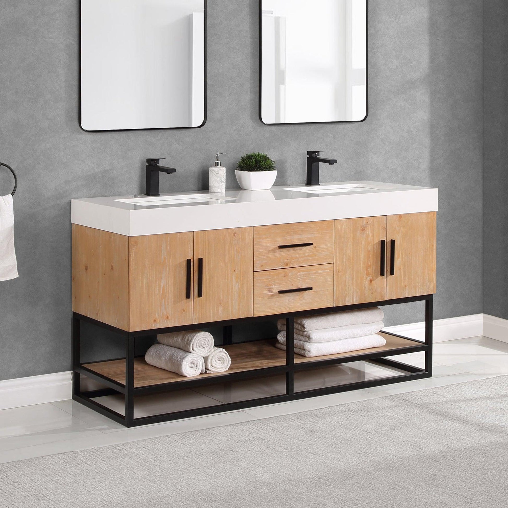 Altair Bianco 60" Light Brown Freestanding Double Bathroom Vanity Set With Matte Black Support Base, White Composite Stone Top, Two Rectangular Undermount Ceramic Sinks, and Overflow
