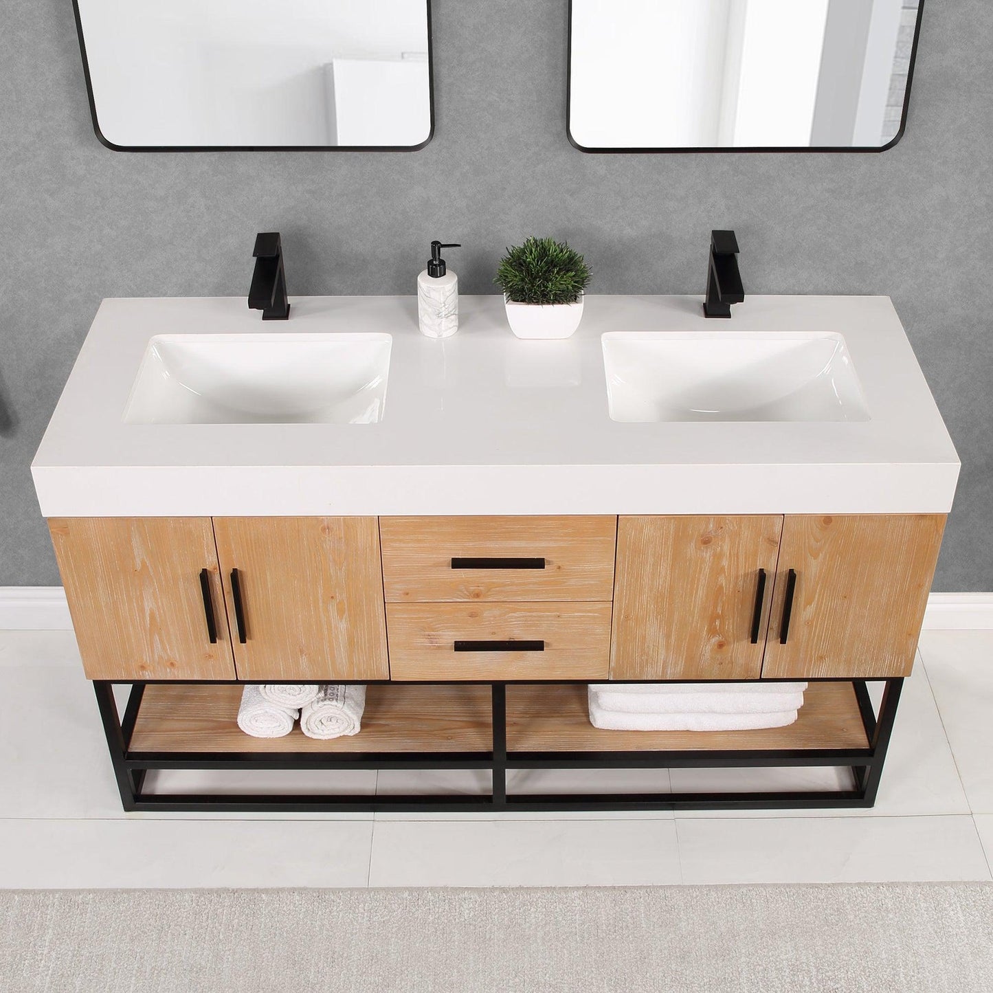 Altair Bianco 60" Light Brown Freestanding Double Bathroom Vanity Set With Matte Black Support Base, White Composite Stone Top, Two Rectangular Undermount Ceramic Sinks, and Overflow