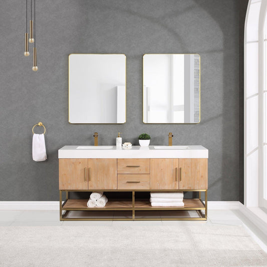 Altair Bianco 72" Light Brown Freestanding Double Bathroom Vanity Set With Brushed Gold Support Base, Mirror, White Composite Stone Top, Two Rectangular Undermount Ceramic Sinks, and Overflow