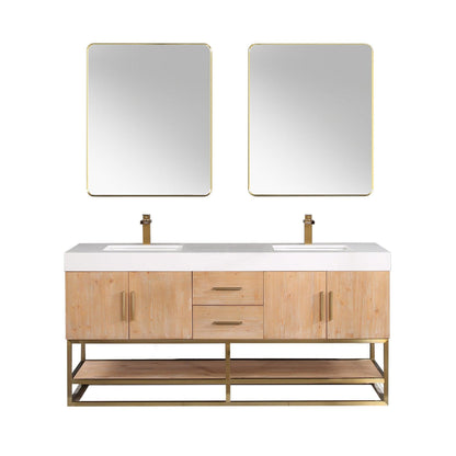 Altair Bianco 72" Light Brown Freestanding Double Bathroom Vanity Set With Brushed Gold Support Base, Mirror, White Composite Stone Top, Two Rectangular Undermount Ceramic Sinks, and Overflow