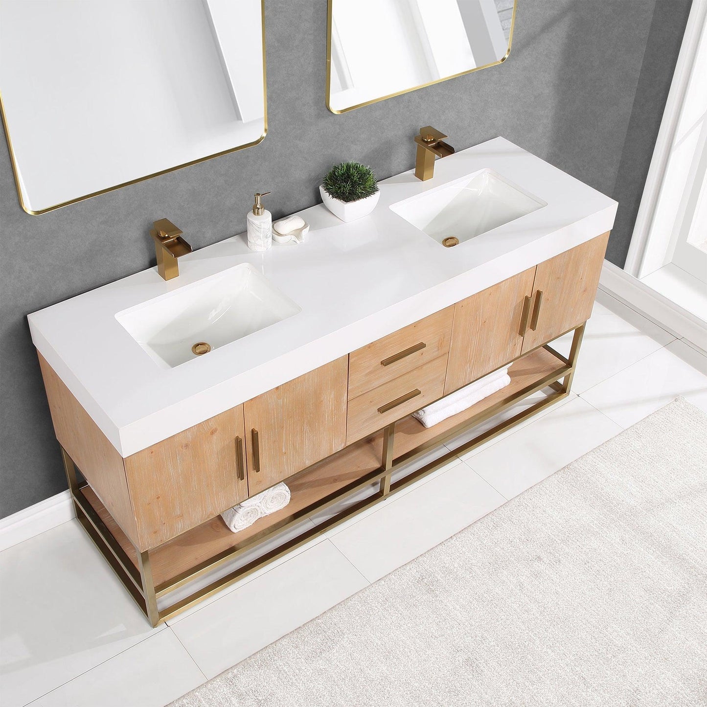 Altair Bianco 72" Light Brown Freestanding Double Bathroom Vanity Set With Brushed Gold Support Base, Mirror, White Composite Stone Top, Two Rectangular Undermount Ceramic Sinks, and Overflow