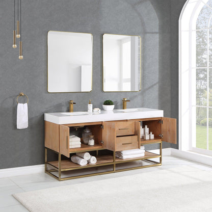 Altair Bianco 72" Light Brown Freestanding Double Bathroom Vanity Set With Brushed Gold Support Base, Mirror, White Composite Stone Top, Two Rectangular Undermount Ceramic Sinks, and Overflow