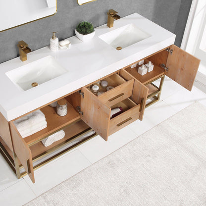 Altair Bianco 72" Light Brown Freestanding Double Bathroom Vanity Set With Brushed Gold Support Base, Mirror, White Composite Stone Top, Two Rectangular Undermount Ceramic Sinks, and Overflow