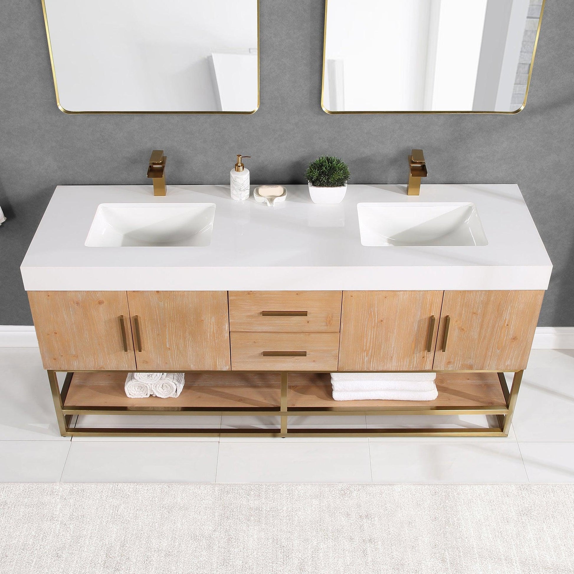 Altair Bianco 72" Light Brown Freestanding Double Bathroom Vanity Set With Brushed Gold Support Base, Mirror, White Composite Stone Top, Two Rectangular Undermount Ceramic Sinks, and Overflow