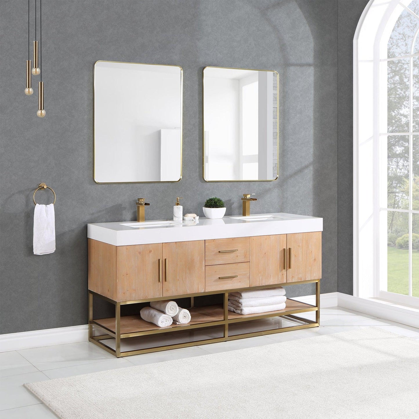 Altair Bianco 72" Light Brown Freestanding Double Bathroom Vanity Set With Brushed Gold Support Base, Mirror, White Composite Stone Top, Two Rectangular Undermount Ceramic Sinks, and Overflow