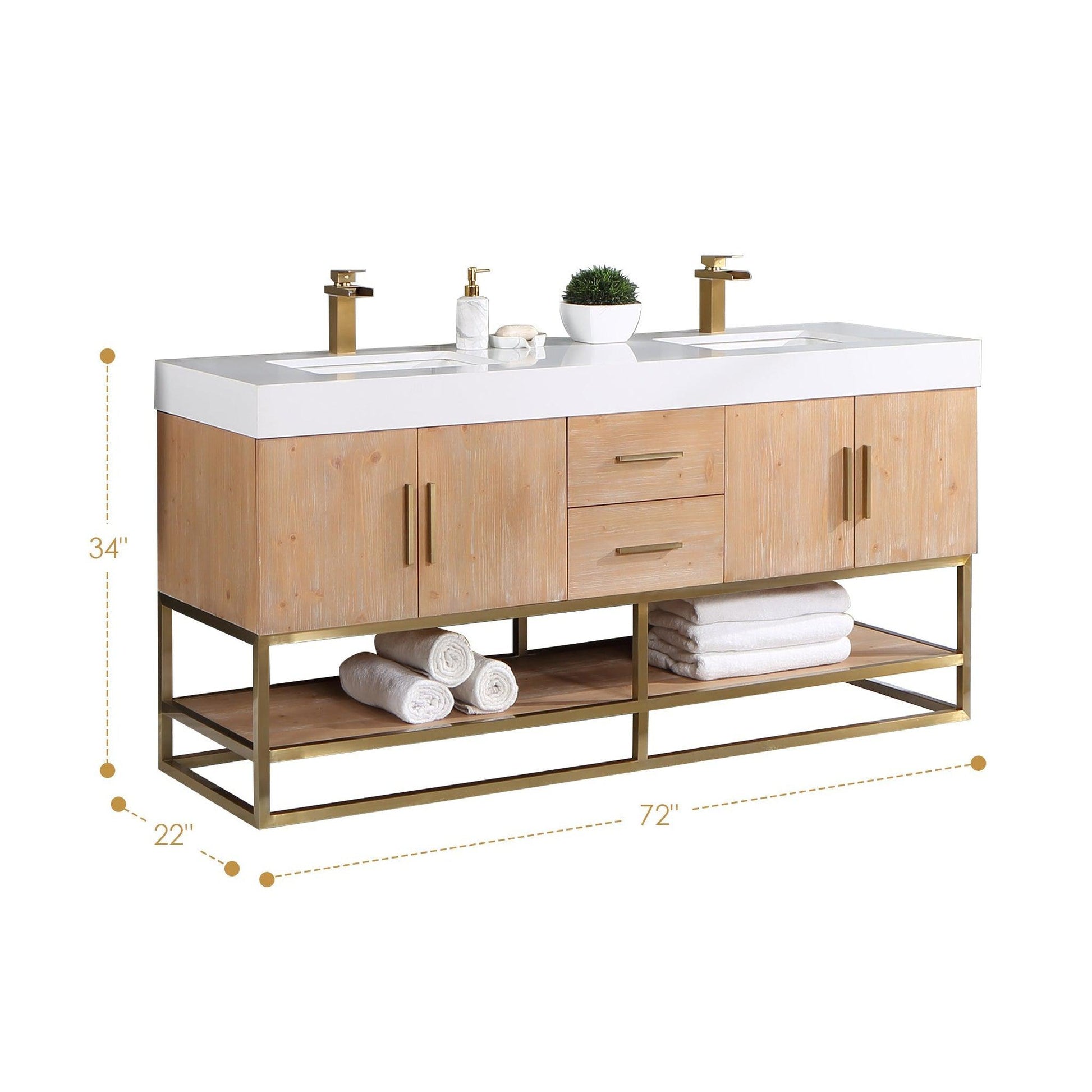 Altair Bianco 72" Light Brown Freestanding Double Bathroom Vanity Set With Brushed Gold Support Base, Mirror, White Composite Stone Top, Two Rectangular Undermount Ceramic Sinks, and Overflow