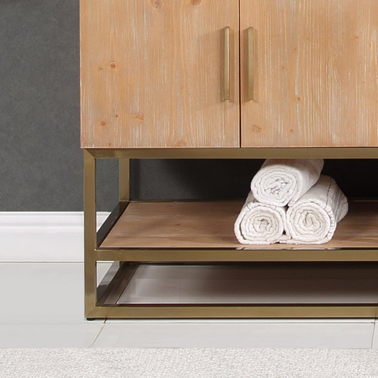 Altair Bianco 72" Light Brown Freestanding Double Bathroom Vanity Set With Brushed Gold Support Base, Mirror, White Composite Stone Top, Two Rectangular Undermount Ceramic Sinks, and Overflow