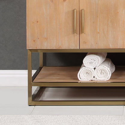 Altair Bianco 72" Light Brown Freestanding Double Bathroom Vanity Set With Brushed Gold Support Base, Mirror, White Composite Stone Top, Two Rectangular Undermount Ceramic Sinks, and Overflow