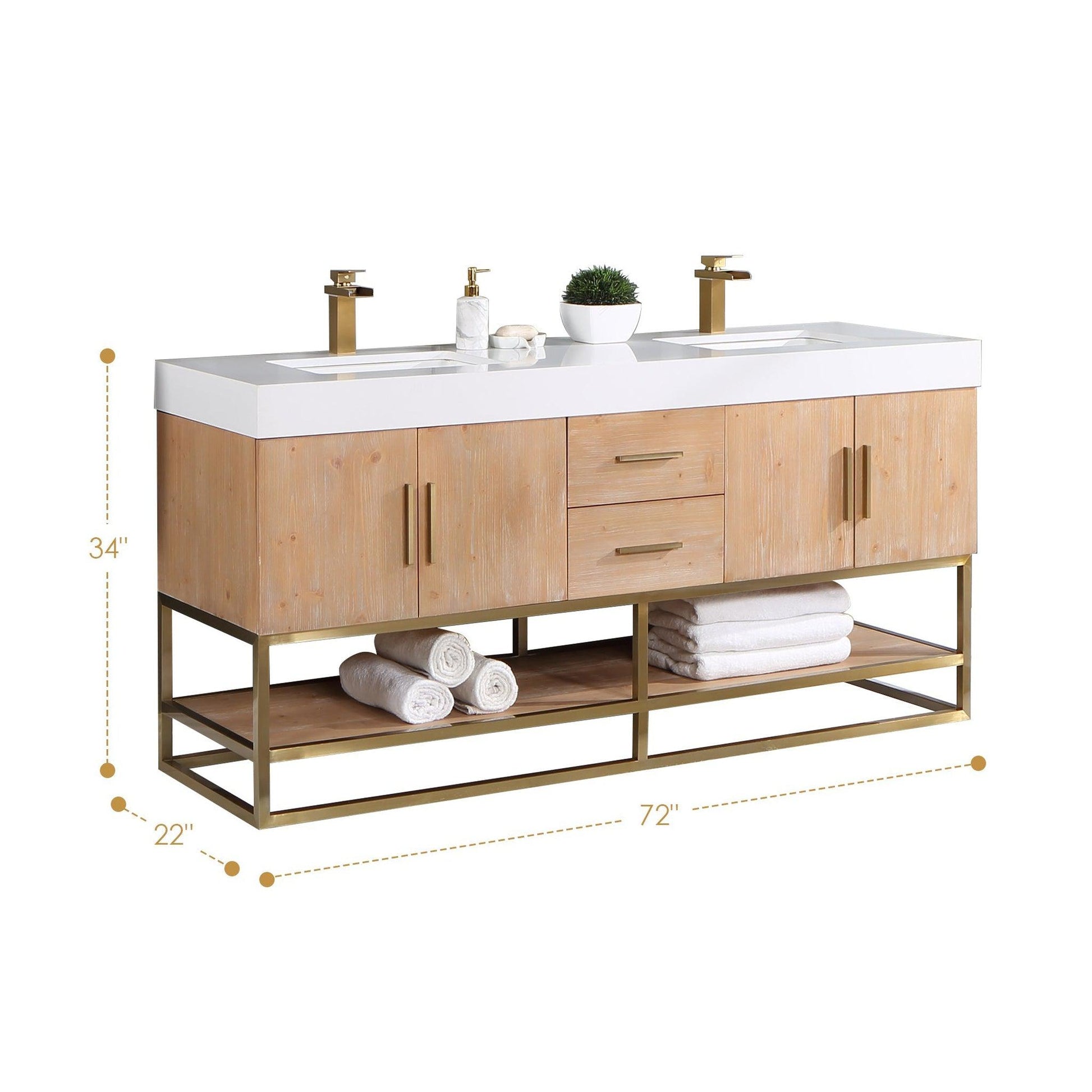Altair Bianco 72" Light Brown Freestanding Double Bathroom Vanity Set With Brushed Gold Support Base, White Composite Stone Top, Two Rectangular Undermount Ceramic Sinks, and Overflow