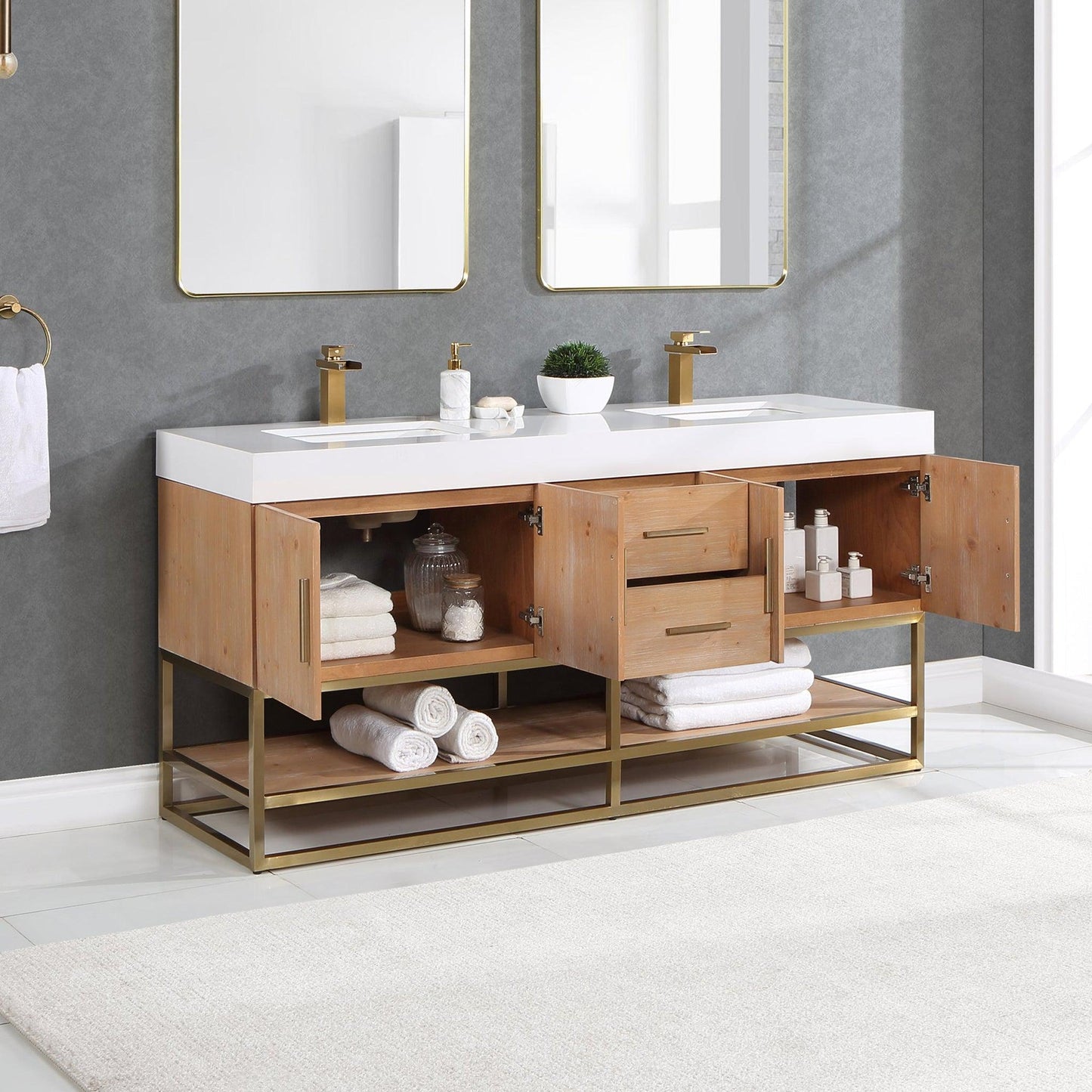 Altair Bianco 72" Light Brown Freestanding Double Bathroom Vanity Set With Brushed Gold Support Base, White Composite Stone Top, Two Rectangular Undermount Ceramic Sinks, and Overflow