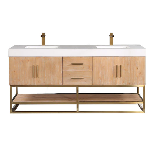 Altair Bianco 72" Light Brown Freestanding Double Bathroom Vanity Set With Brushed Gold Support Base, White Composite Stone Top, Two Rectangular Undermount Ceramic Sinks, and Overflow