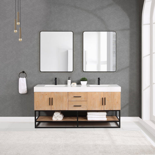 Altair Bianco 72" Light Brown Freestanding Double Bathroom Vanity Set With Matte Black Support Base, Mirror, White Composite Stone Top, Two Rectangular Undermount Ceramic Sinks, and Overflow
